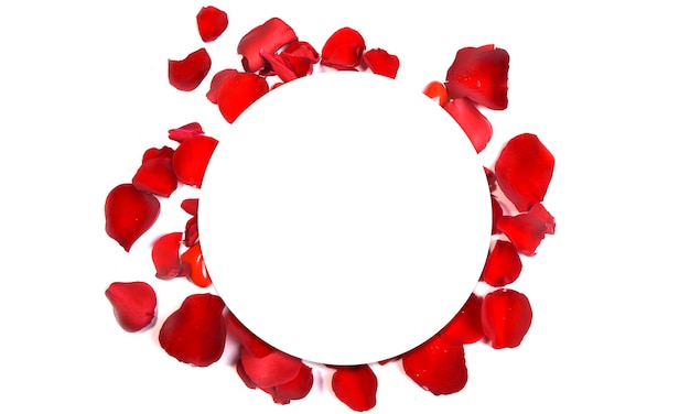 Romantic background with rose petals and round frame