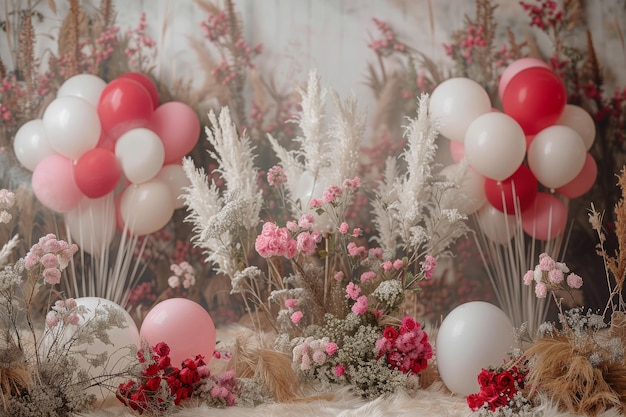 Romantic balloon setup with flowers capturing love and celebration in a dreamy setting