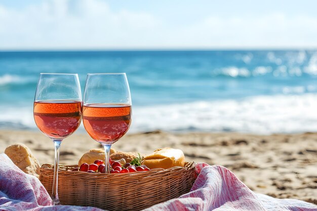 Photo romantic beach picnic scene with wine glasses copyspace