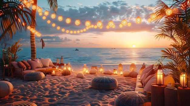 Romantic Beach Sunset with Lanterns and Pillows