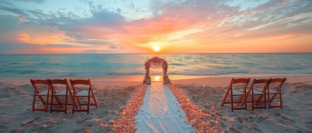 Photo romantic beach wedding setting with sunset arch and ocean view