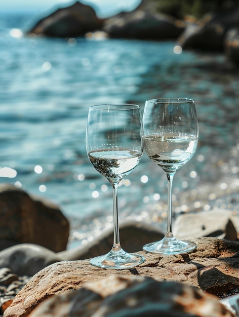 Photo romantic beachfront wine glasses by the sea