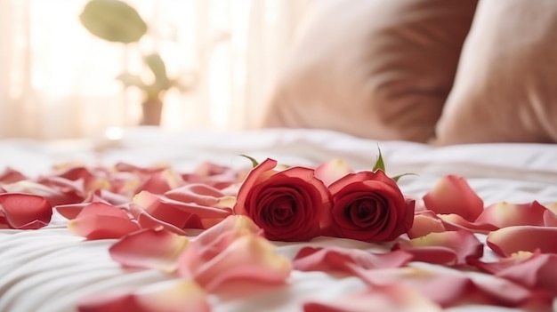 Romantic bedroom decor with flowers Honeymoon concept