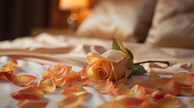 Romantic bedroom decor with flowers Honeymoon concept