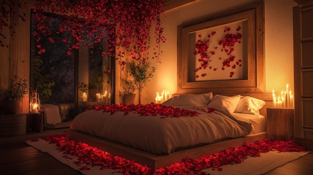 Romantic bedroom with candles and flowers red rose petals on bed for Valentine Day