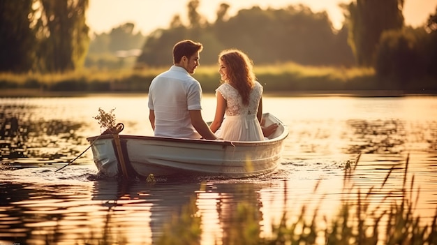 Photo romantic boat ride with a couple in love romantic boat ride couple love