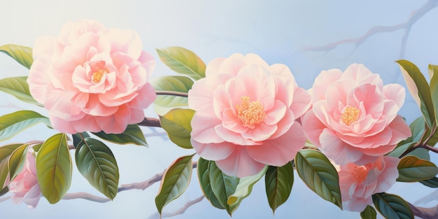 Romantic Camellia Blossom Delicate Beauty and Elegance in Pink Captured Closeup on Green Leaves for a Floral Wallpaper Background