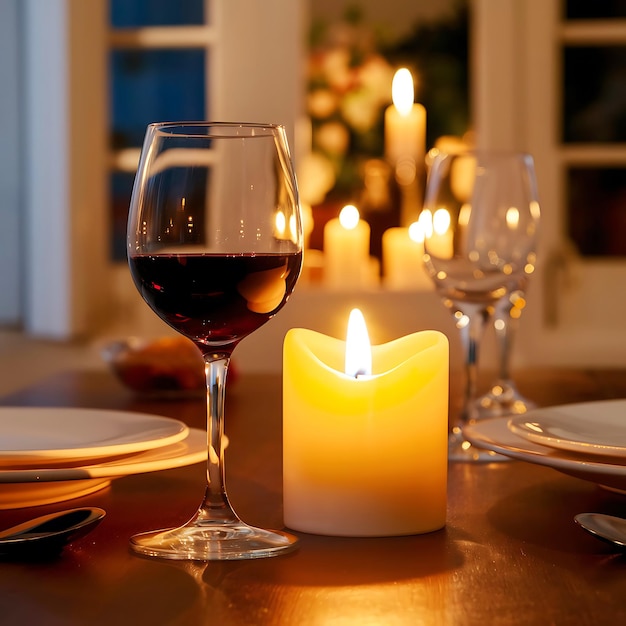 Photo romantic candlelit dinner with a single glass of red wine