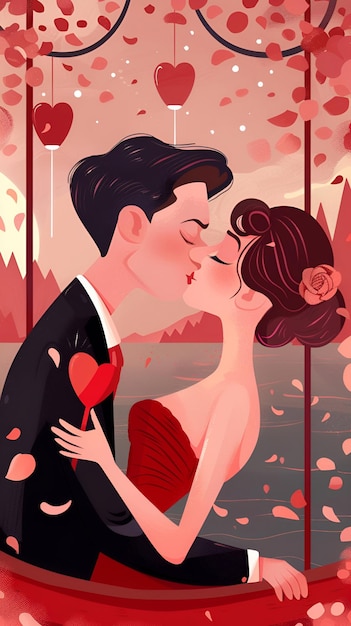 Romantic cartoon couple sharing a kiss in a lovefilled scene