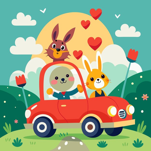 Photo romantic cartoon rabbit couples driving car