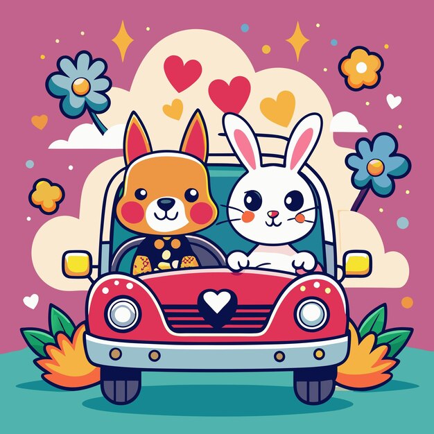 Photo romantic cartoon rabbit couples driving car