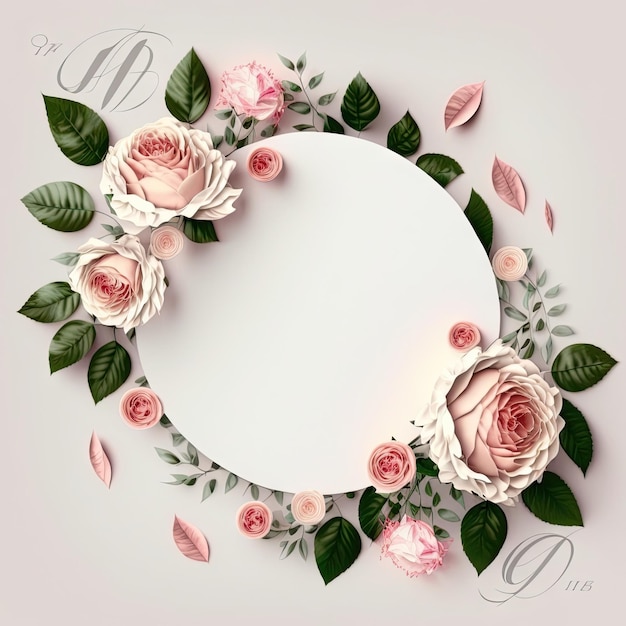 Romantic color in pastel roses of circle shape frame with leave concept