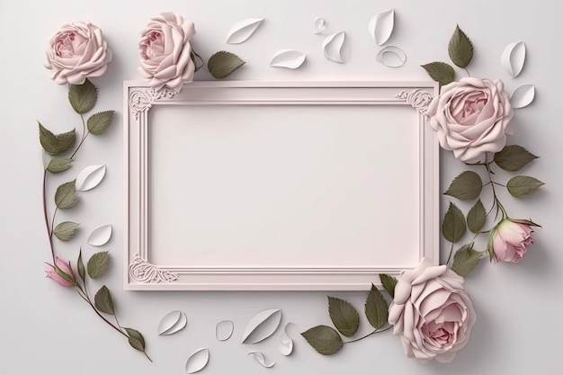 Romantic color in pastel roses of rectangle shape frame with leave concept