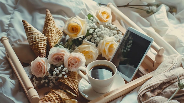 Photo romantic composition with cup of coffee waffle cones with flower bouquets and ereade generative ai