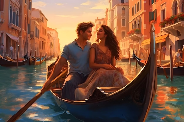 Romantic couple on a boat in evening