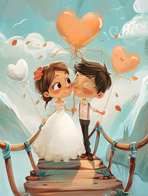 Photo romantic couple on bridge holding heart balloons wedding art