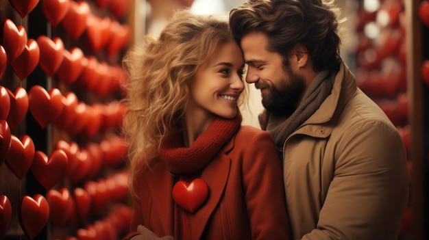 Romantic couple celebrating valentine with toy heart shaped background