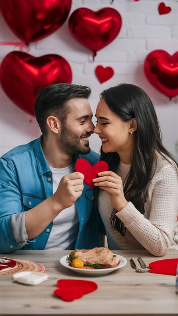 Romantic couple celebrating valentines day together at home