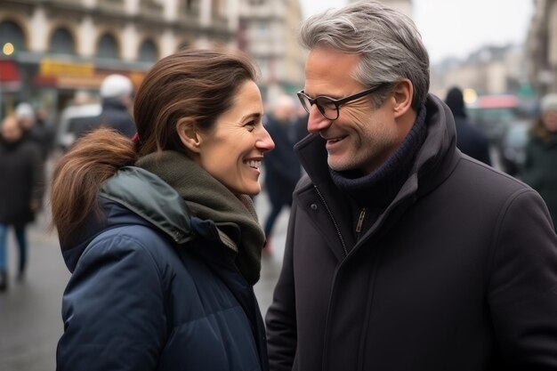 Romantic couple on city streets with urban background