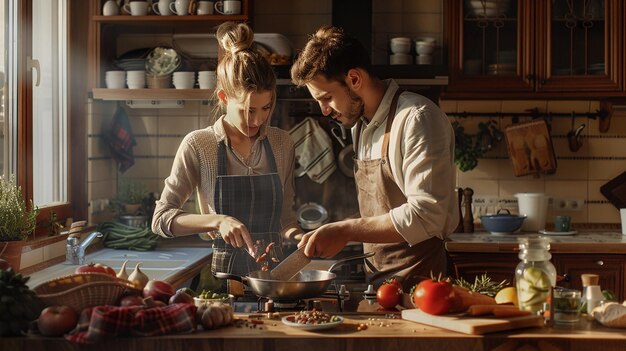 Photo romantic couple cooking together in high detail