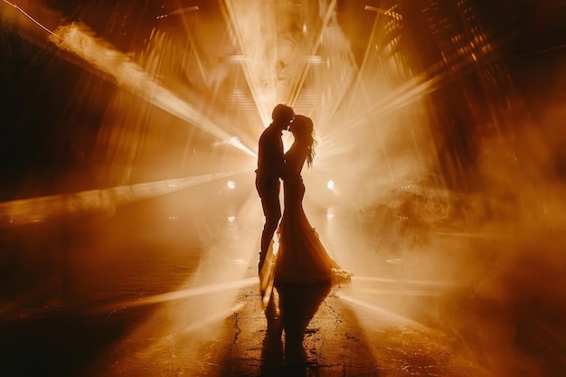 Photo romantic couple dancing in dramatic lighting with silhouette effect