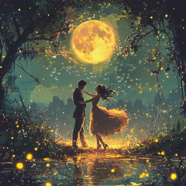 Photo romantic couple dancing under full moon with fireflies