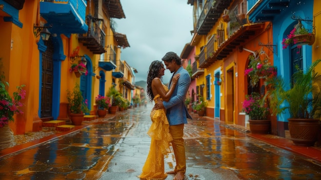 Romantic Couple Dancing Latin Dance on Rainy Cobblestone Street