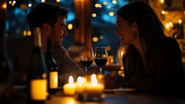 A romantic couple on a date enjoying wine and candlelight