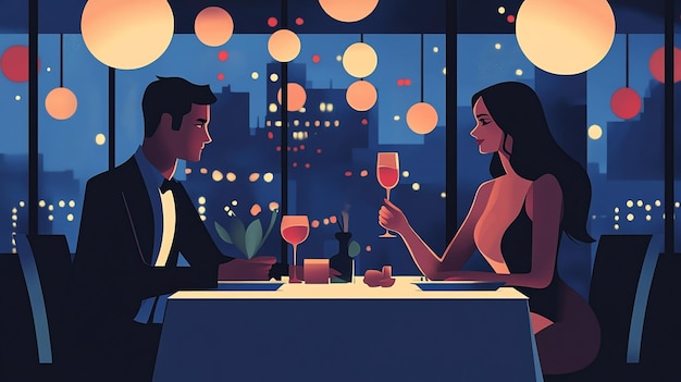 Romantic couple on a date night at a restaurant with a view of the city