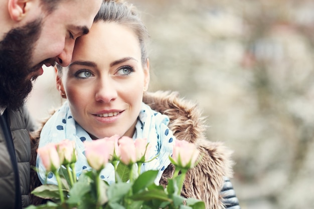 romantic couple on date with flowers