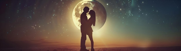 Photo a romantic couple embraces under a full moon surrounded by a starry night sky capturing a magical moment of love