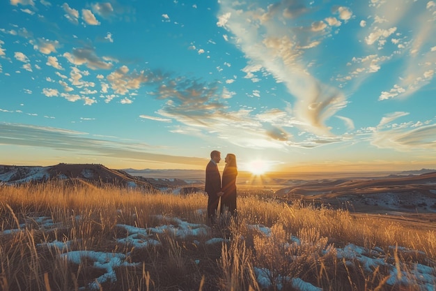 Romantic Couple Embracing in Picturesque Landscape at Sunset with Golden Sky and Mountain Scenery