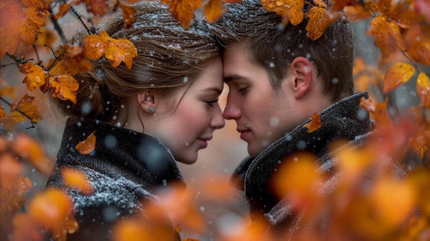 Romantic couple embracing in snowy autumn weather surrounded by golden leaves