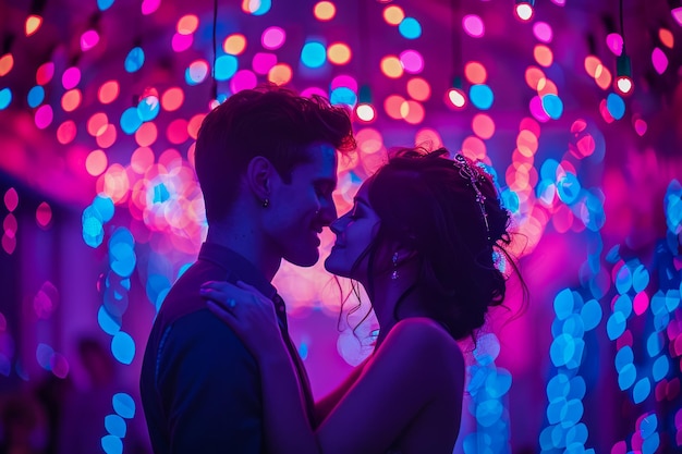 Romantic Couple Embracing Under Vibrant Festive Lights at Night Intimate Moment of Love and