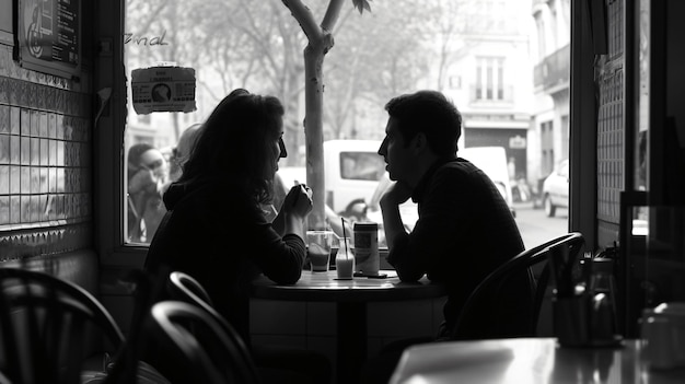 A romantic couple engaged in a heartwarming conversation their eyes filled with the magic of new love while surrounded by the serene ambiance of a calm cafe