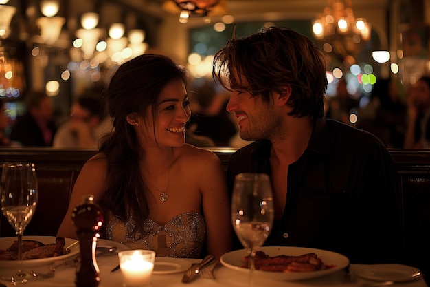 Romantic Couple Enjoying Dinner Date in Restaurant