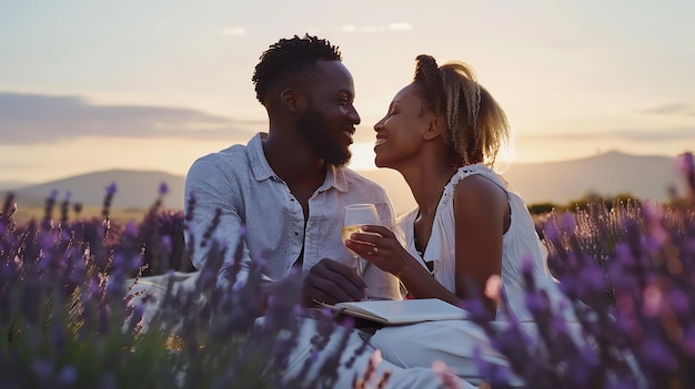 Photo romantic couple enjoying a picnic in a field of lavender at sunset