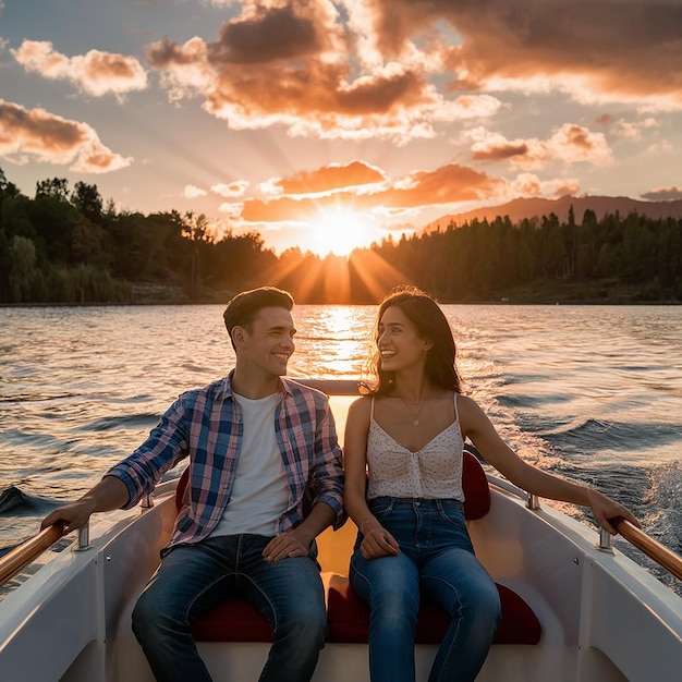 Photo romantic couple enjoying a sunset boat ride on a calm lake with scenic nature views