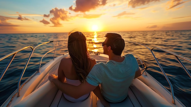 Photo romantic couple enjoying a sunset cruise on a boat