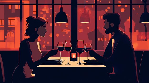 A romantic couple enjoys a candlelit dinner in a restaurant They are toasting each other with glasses of red wine