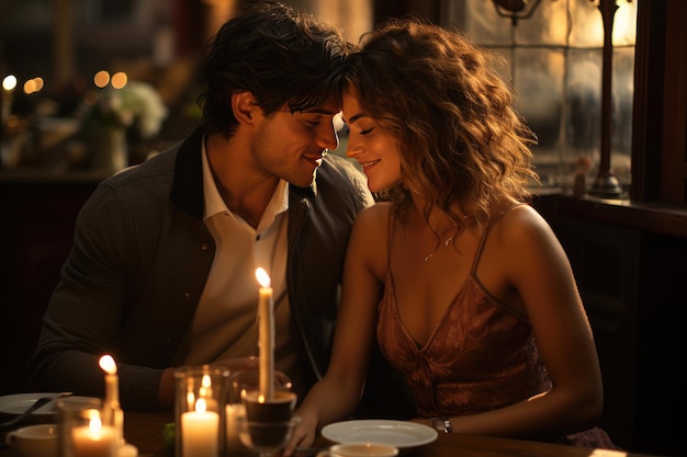 Romantic couple enjoys meal to candlelight in Italian restaurant generative IA