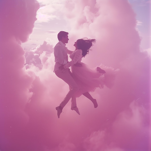 Romantic couple flying in a pink and purple cloudscape whimsical dreamy soft focus serene fantasy