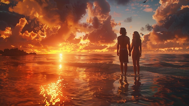 A romantic couple holding hands and walking along a picturesque beach at sunset