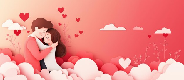 Romantic couple hugging amidst hearts and clouds love illustration on pink