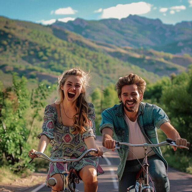 Photo a romantic couple riding a bike on a scenic road