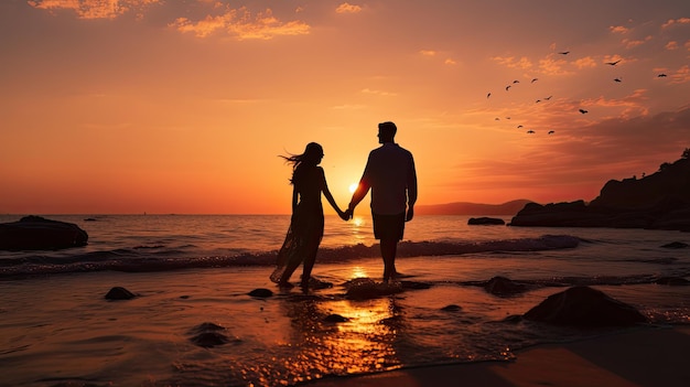 Romantic couple s silhouette holding hands at sunrise on the beach