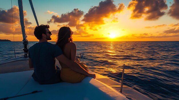 Romantic couple on a sailboat watching the sunset