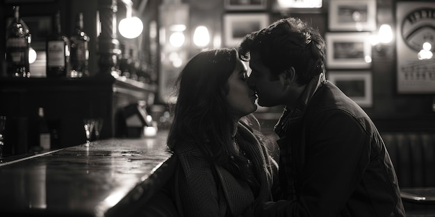 Romantic couple sharing a kiss in a bar perfect for lifestyle and relationship concepts