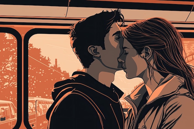 Romantic couple sharing a kiss while riding a train Generative AI