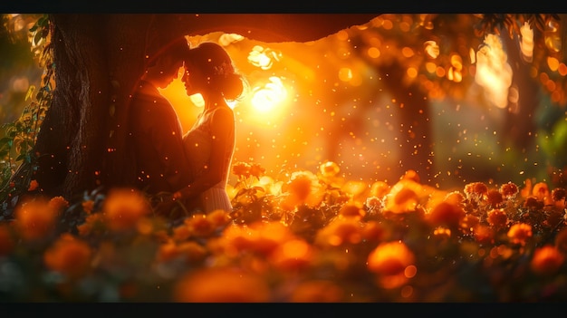 Photo romantic couple silhouette in sunset garden